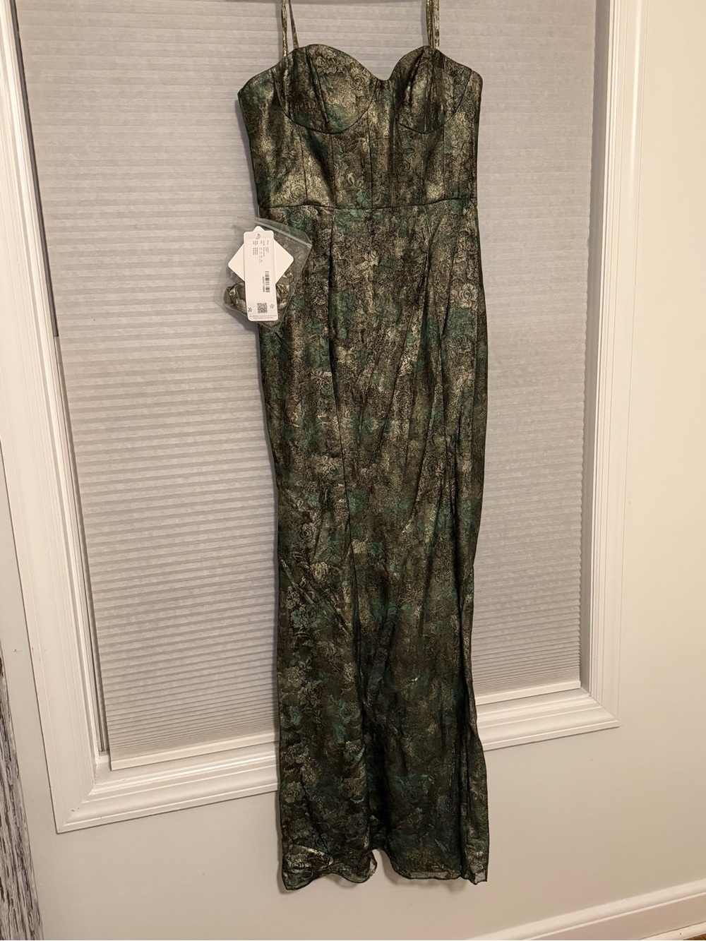 Green Metallic Floral Strapless Gown